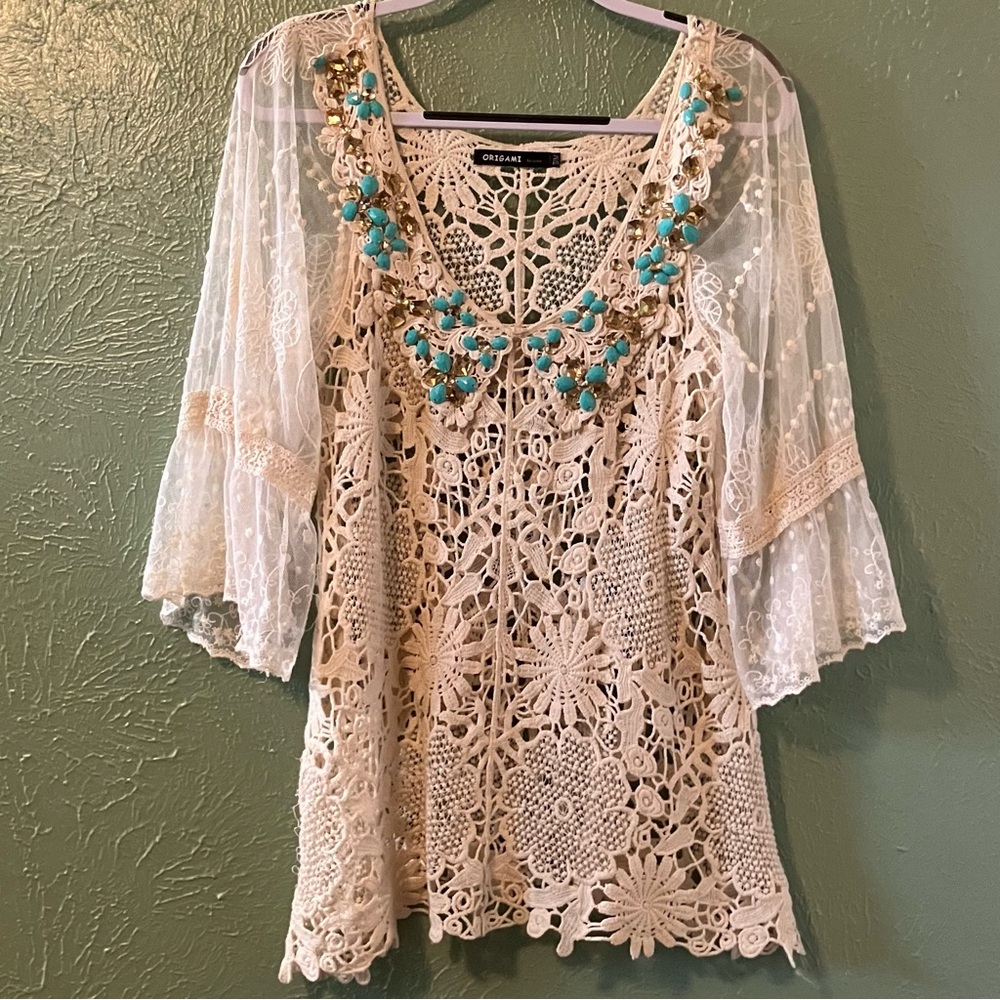 Origami Cream Lace Top with Turquoise Embellishments